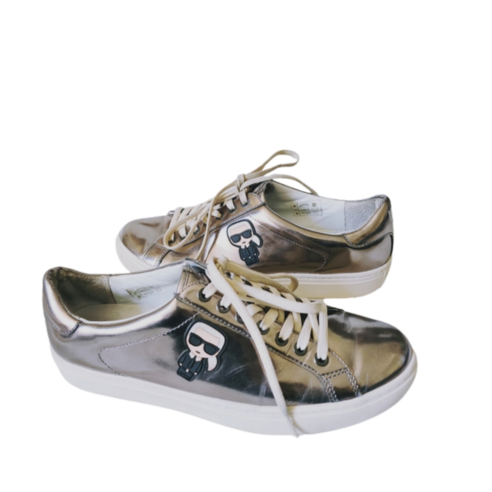 KARL LAGERFELD KL61033 SILVER MIRROR IKONIC LEATHER LOW TOP SNEAKERS - Picture 4 of 7